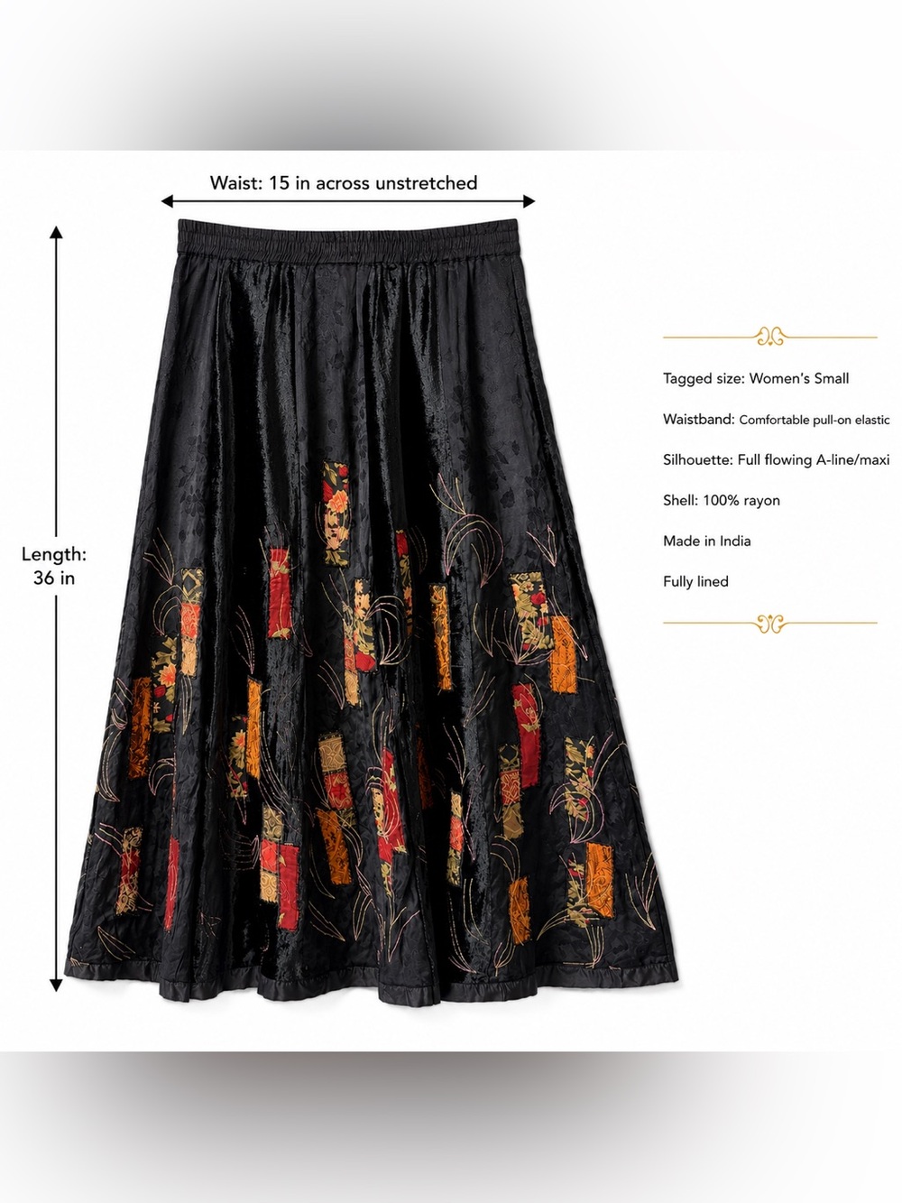 Dark Academia Black Velvet Burnout Patchwork Maxi Skirt Boho Whimsigoth Artsy, S - Picture 15 of 16